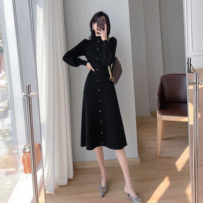 Ribbed Knit Mock Neck Puff Sleeve Button Front A-Line Midi Dress