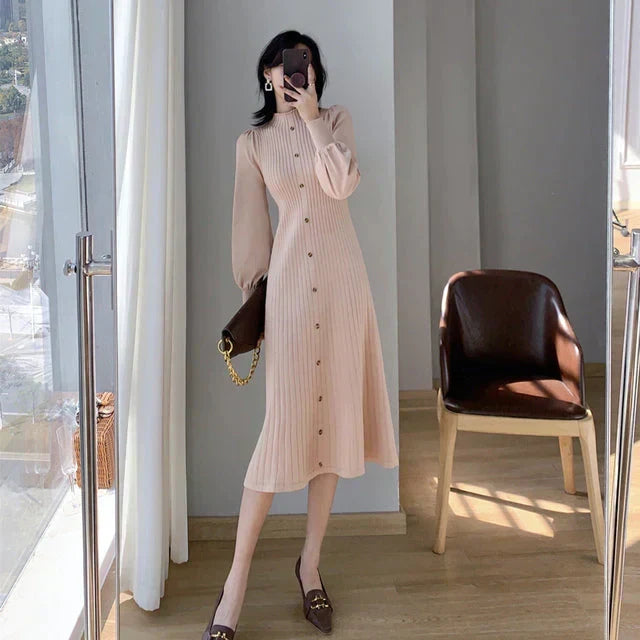 Ribbed Knit Mock Neck Puff Sleeve Button Front A-Line Midi Dress