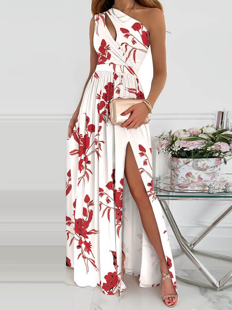 One Shoulder Keyhole Cutout Large Floral Print High Slit Maxi Dress