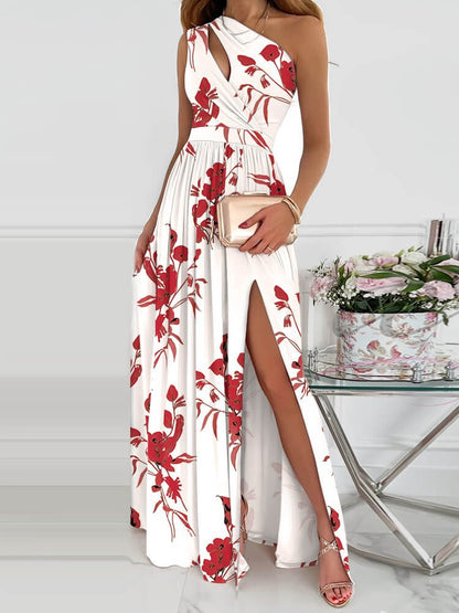 One Shoulder Keyhole Cutout Large Floral Print High Slit Maxi Dress