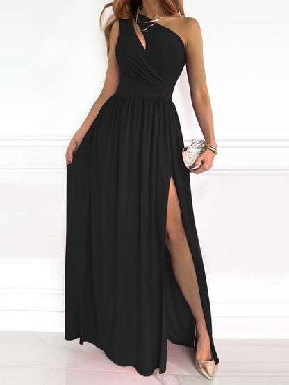 One Shoulder Keyhole Cutout Large Floral Print High Slit Maxi Dress