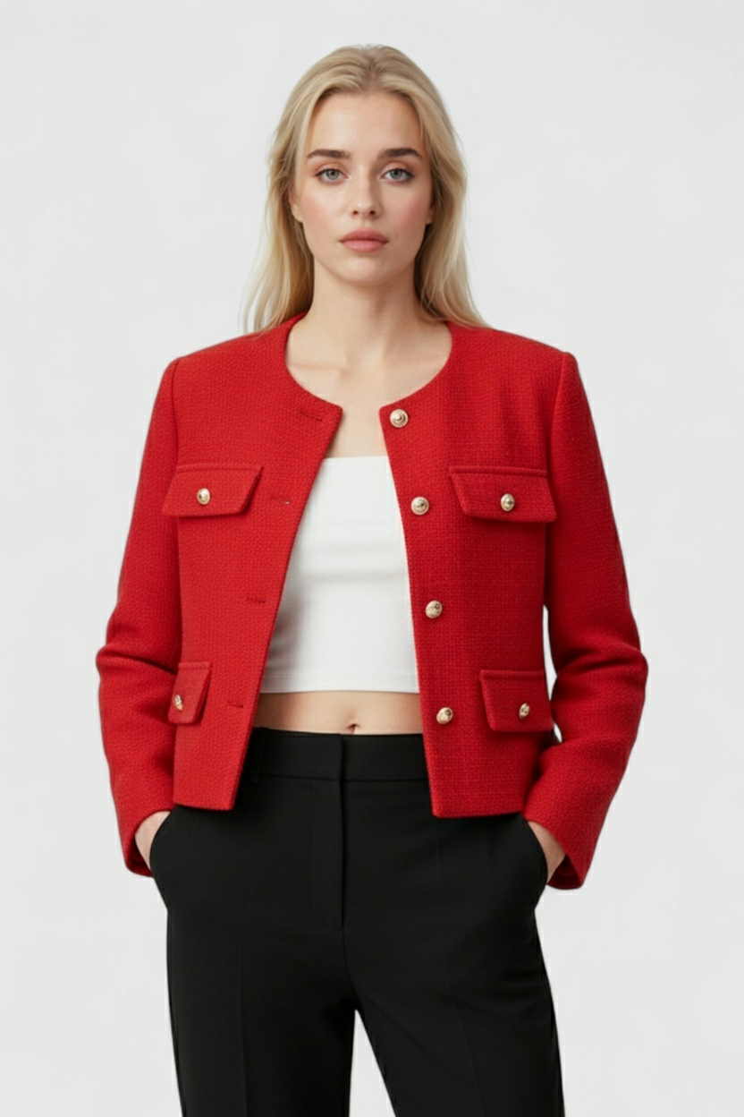 Maison Cropped Button Jacket | Structured Silhouette Clean O-Neck