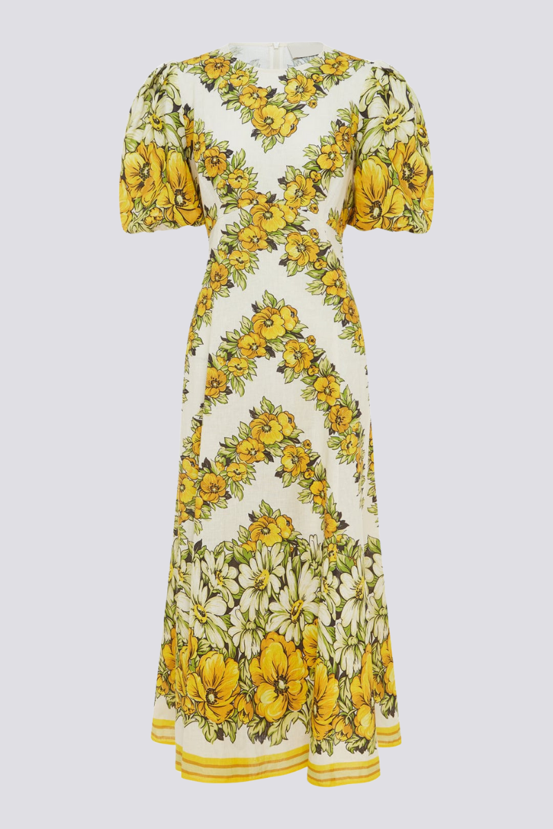 Floral Print Puff Sleeve Round Neck Border Stripe Hem Midi Dress