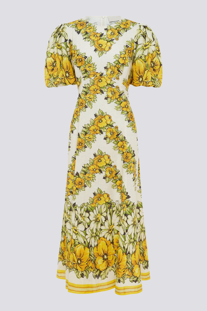 Floral Print Puff Sleeve Round Neck Border Stripe Hem Midi Dress