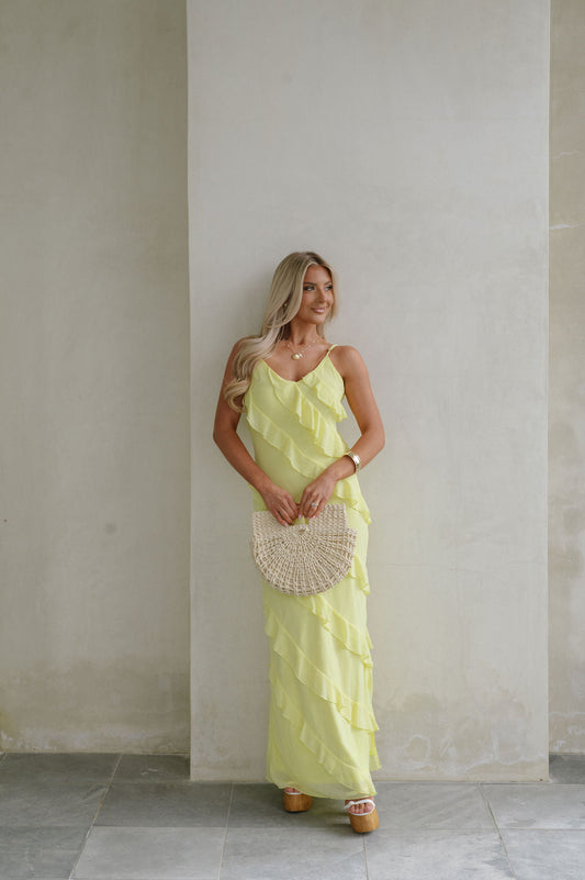 | Cascading Ruffle Spaghetti Strap Gown
