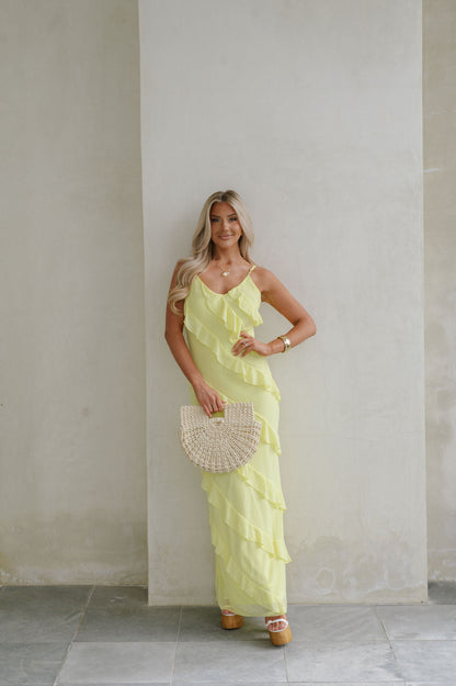 | Cascading Ruffle Spaghetti Strap Gown