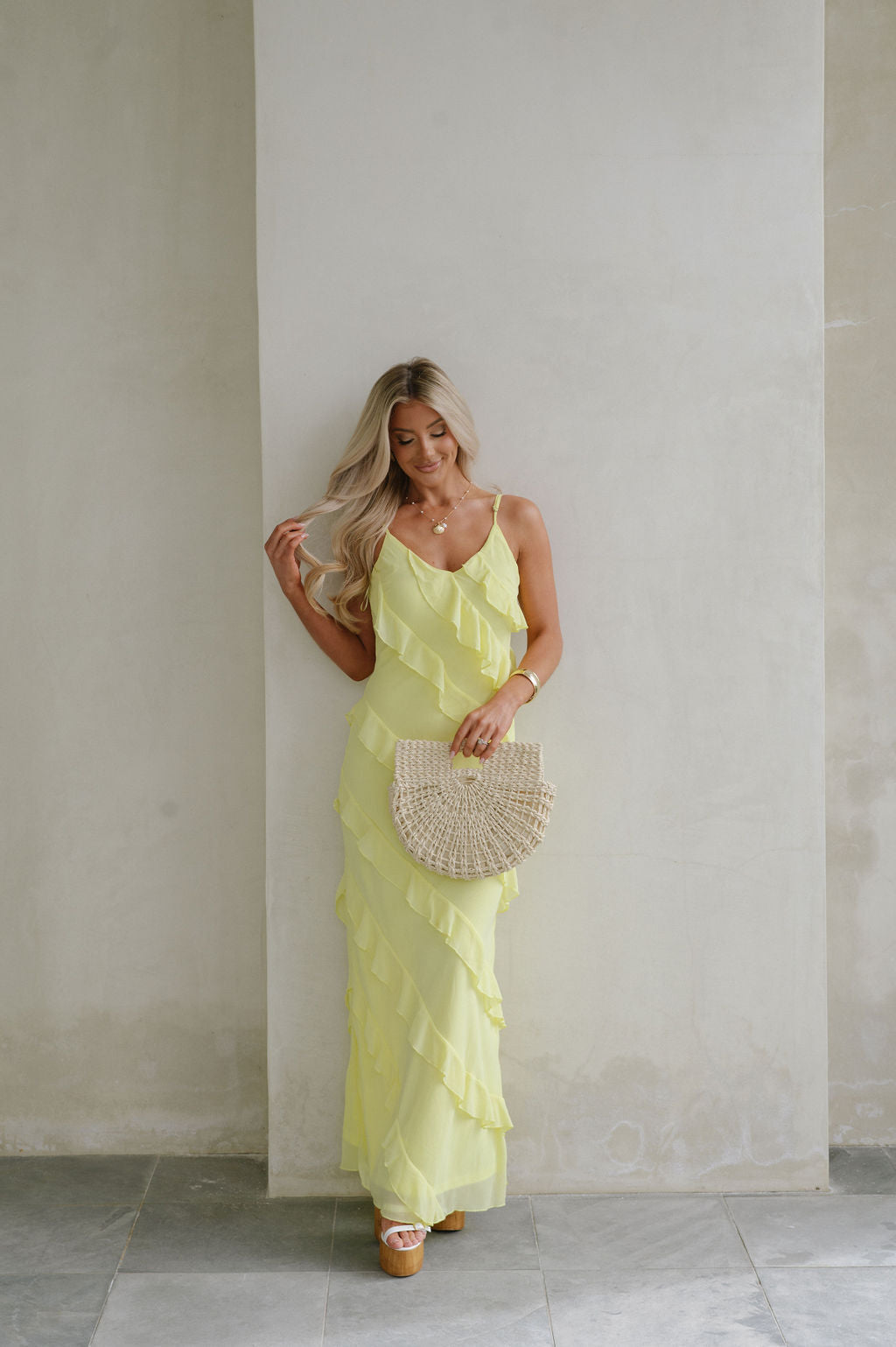 | Cascading Ruffle Spaghetti Strap Gown