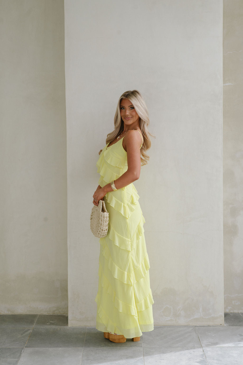 | Cascading Ruffle Spaghetti Strap Gown