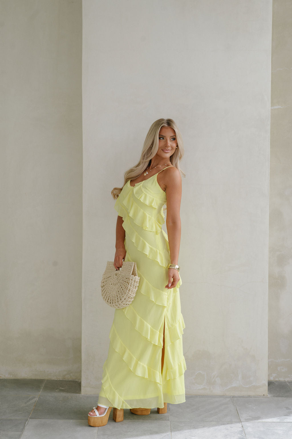 | Cascading Ruffle Spaghetti Strap Gown