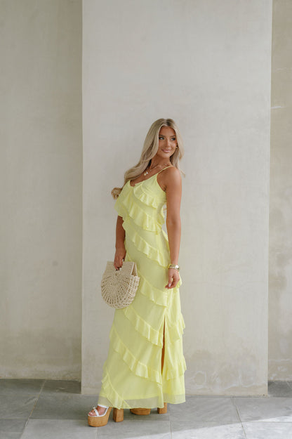 | Cascading Ruffle Spaghetti Strap Gown