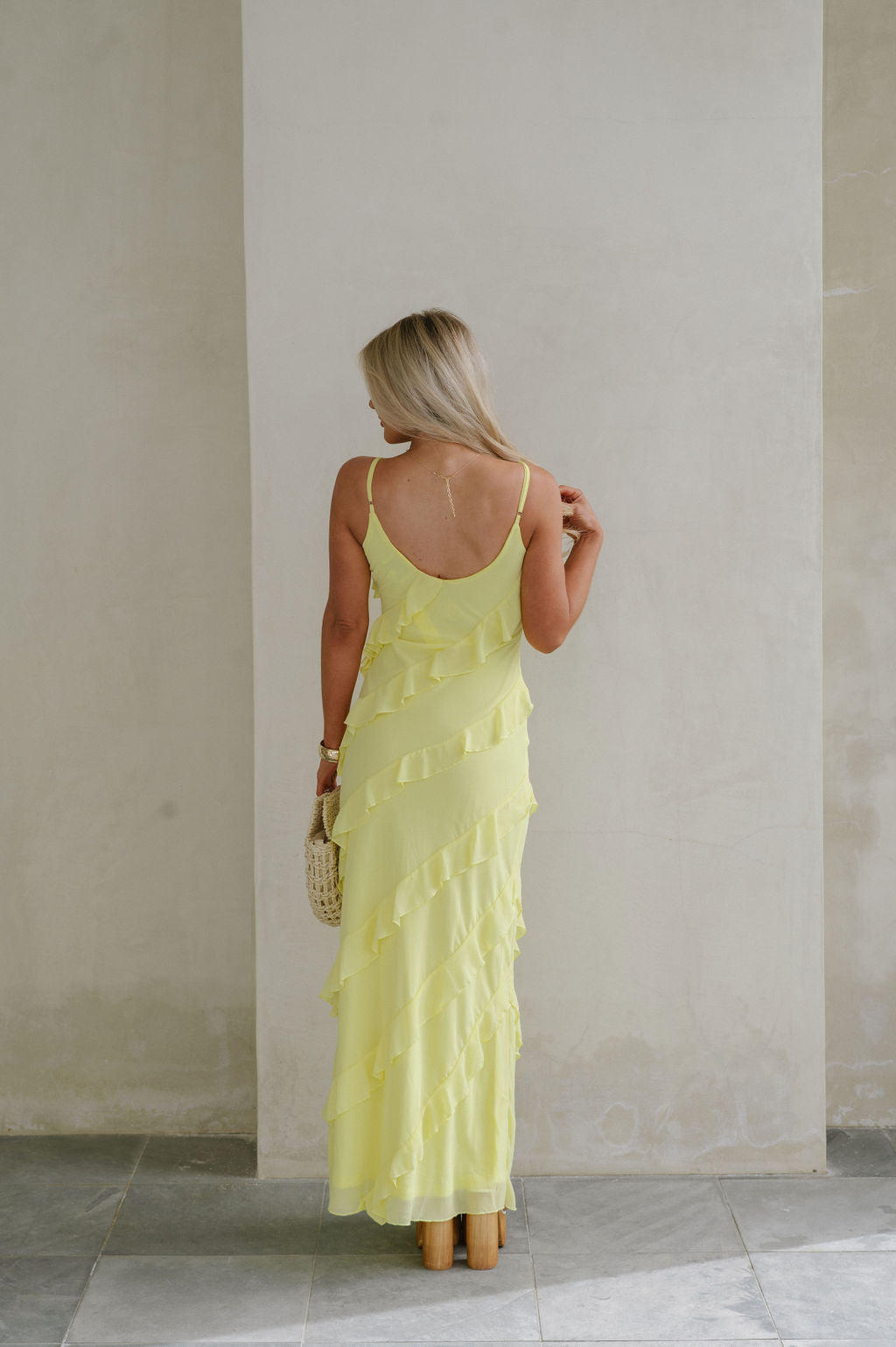 | Cascading Ruffle Spaghetti Strap Gown