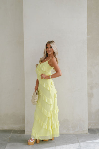 | Cascading Ruffle Spaghetti Strap Gown
