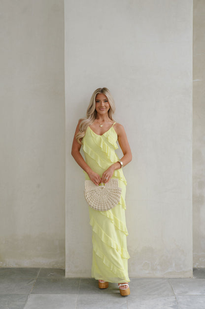 | Cascading Ruffle Spaghetti Strap Gown
