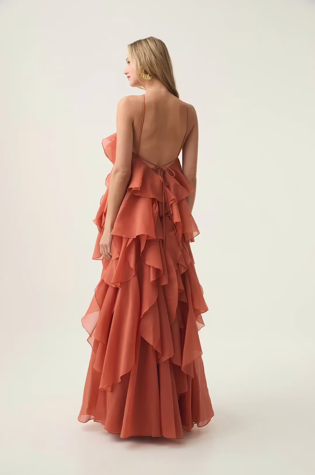 | Strapless maxi gown with cascading ruffle