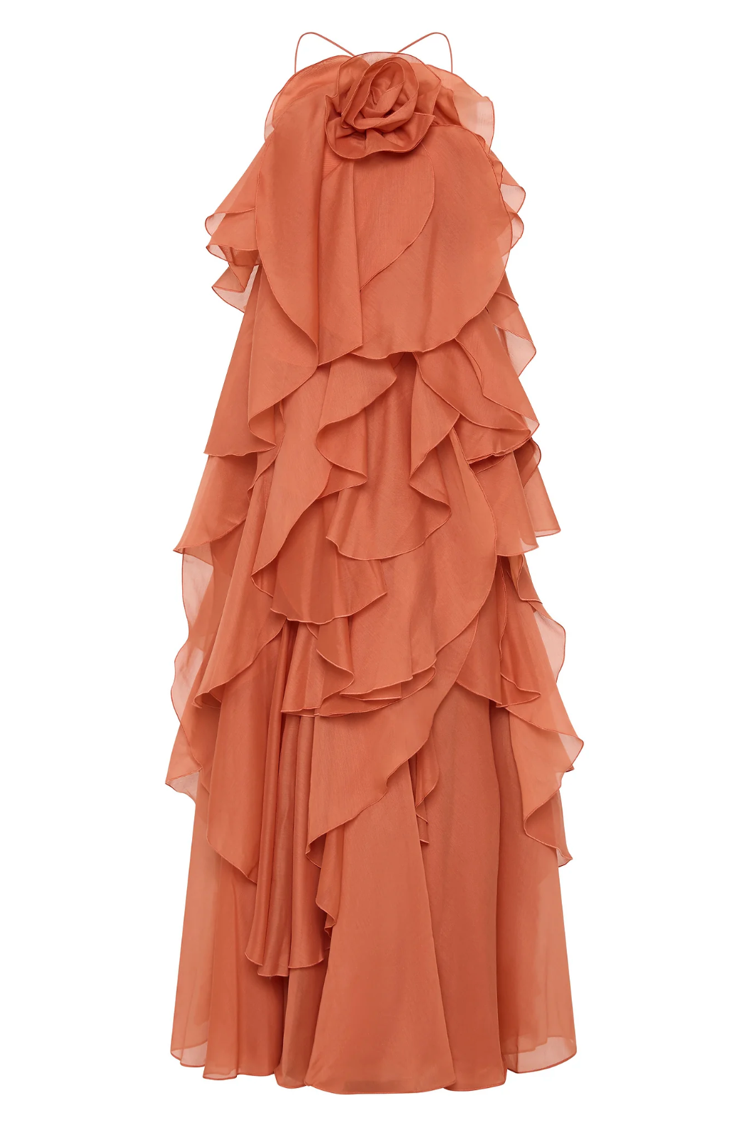 | Strapless maxi gown with cascading ruffle