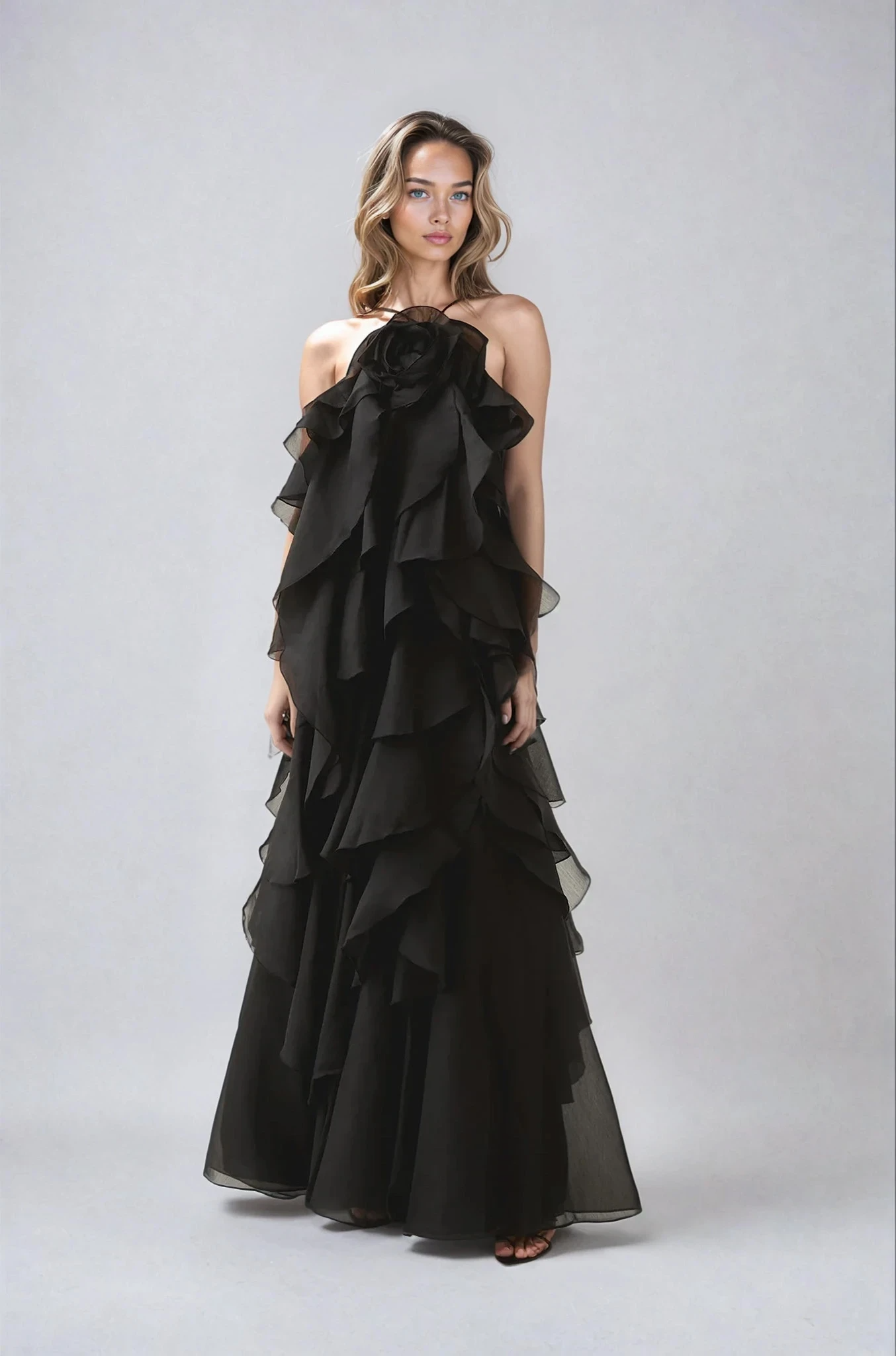 | Strapless maxi gown with cascading ruffle