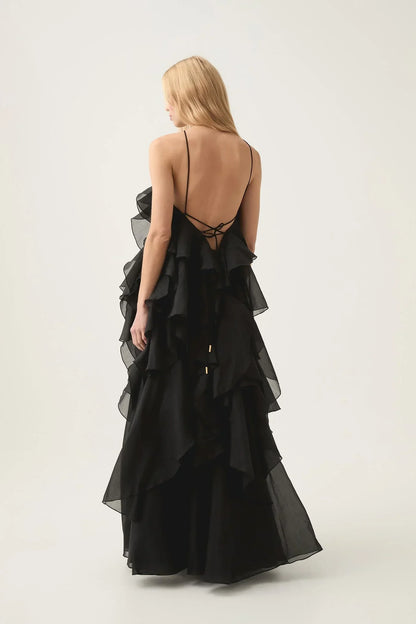 | Strapless maxi gown with cascading ruffle