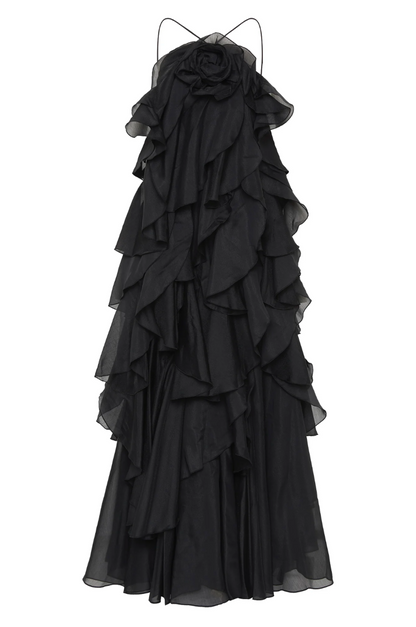 | Strapless maxi gown with cascading ruffle