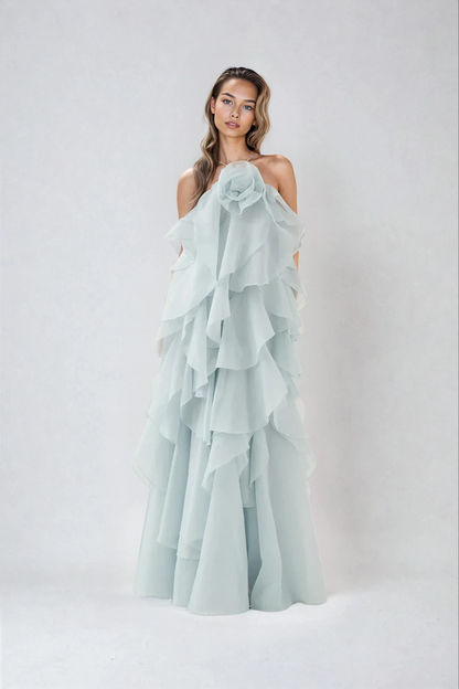 | Strapless maxi gown with cascading ruffle