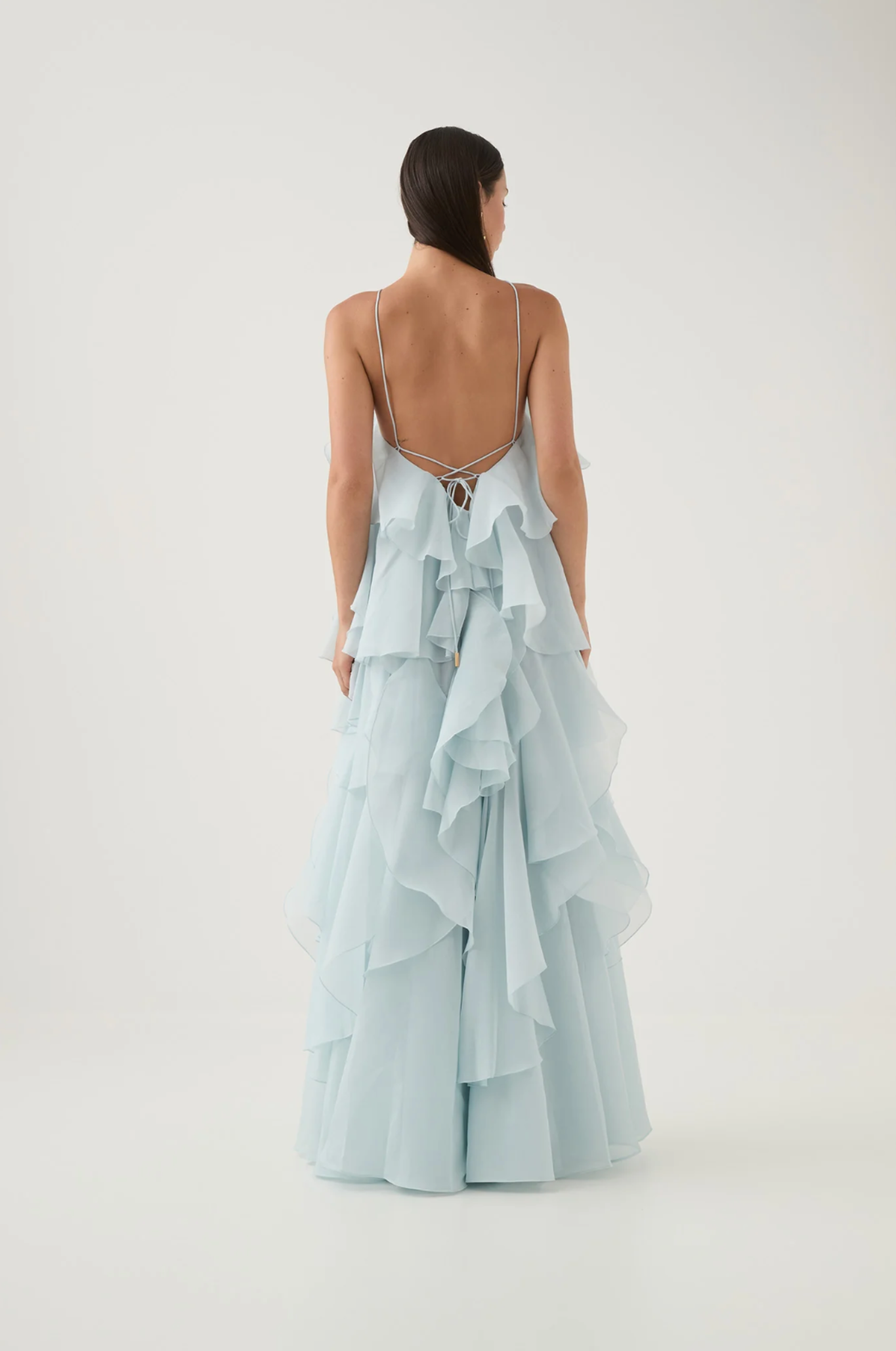 | Strapless maxi gown with cascading ruffle