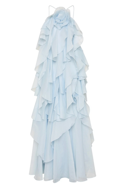 | Strapless maxi gown with cascading ruffle