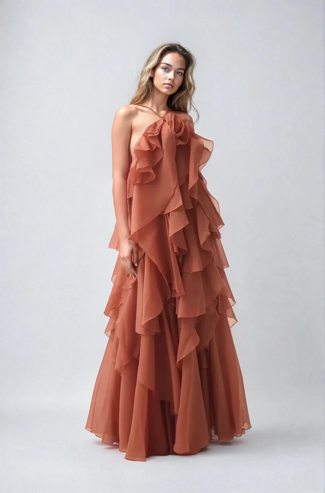 | Strapless maxi gown with cascading ruffle