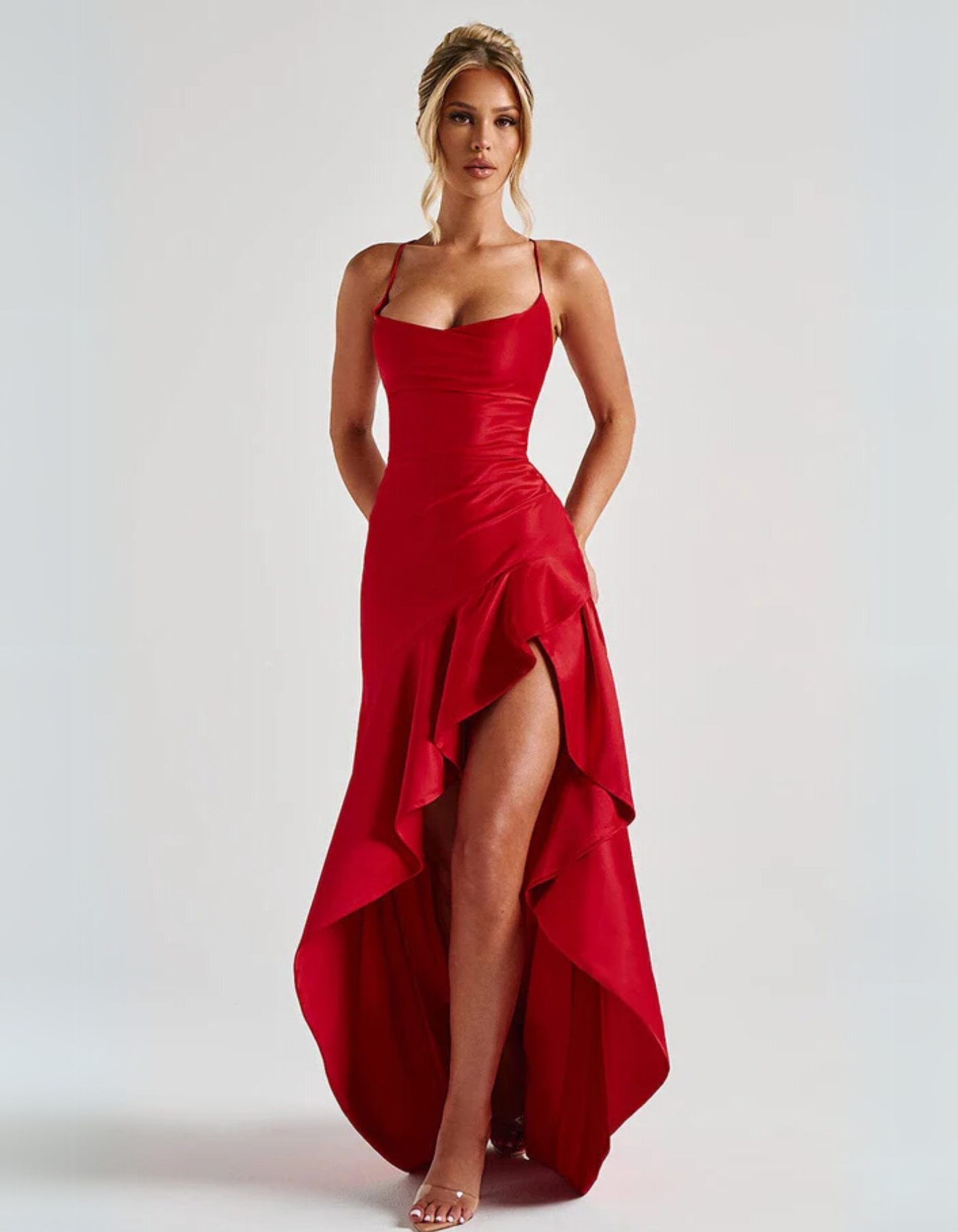 | Draped Ruffle Detail Evening Gown