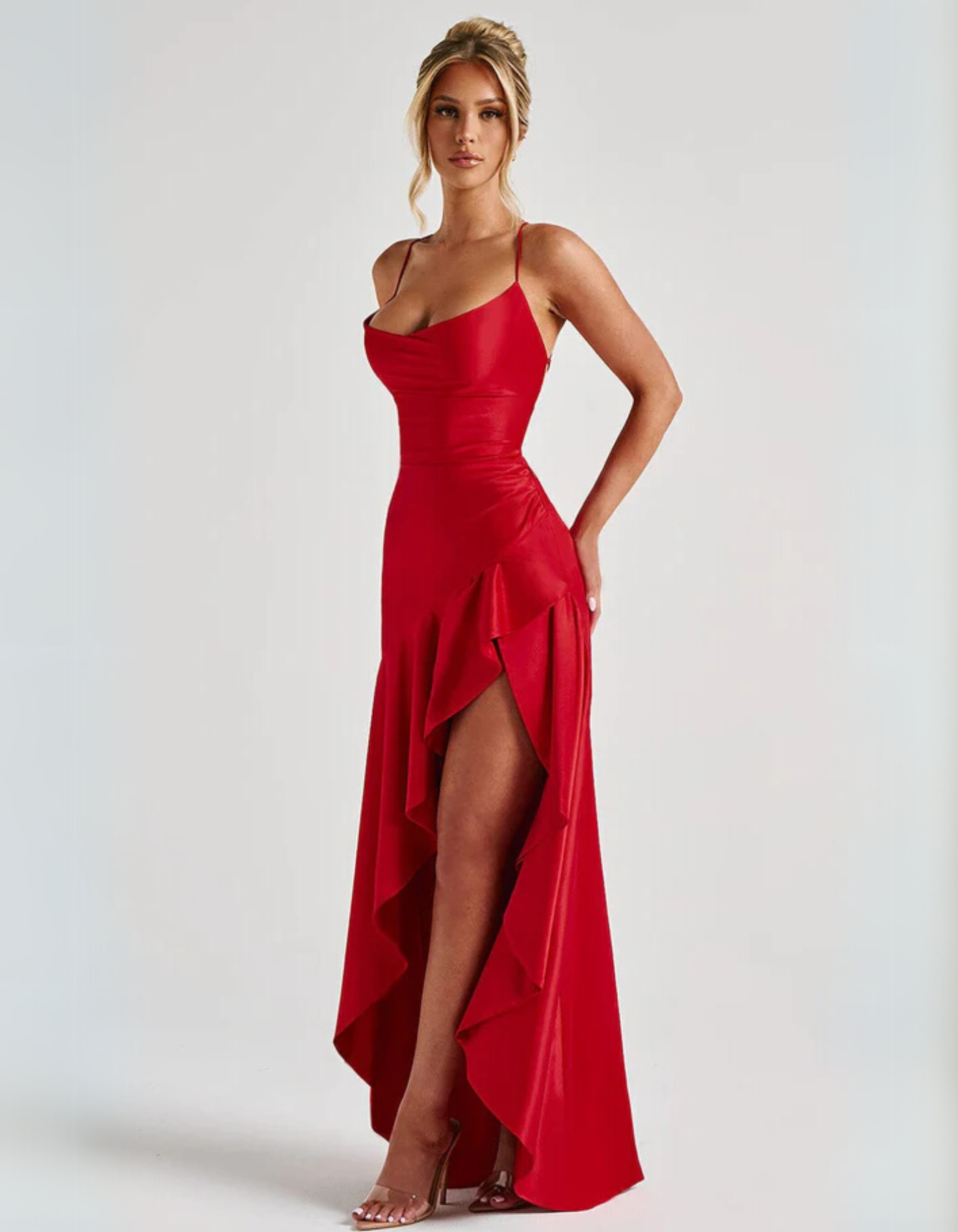 | Draped Ruffle Detail Evening Gown