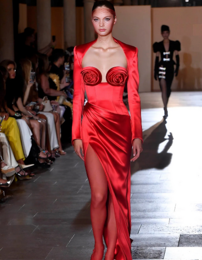 | Sculpted Rose Detail Satin Evening Gown