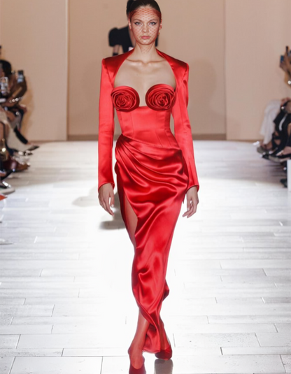 | Sculpted Rose Detail Satin Evening Gown