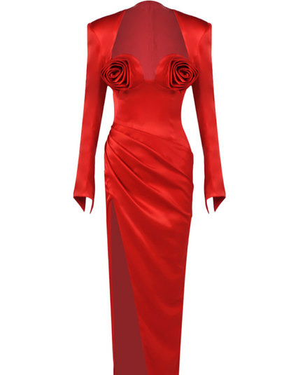 | Sculpted Rose Detail Satin Evening Gown