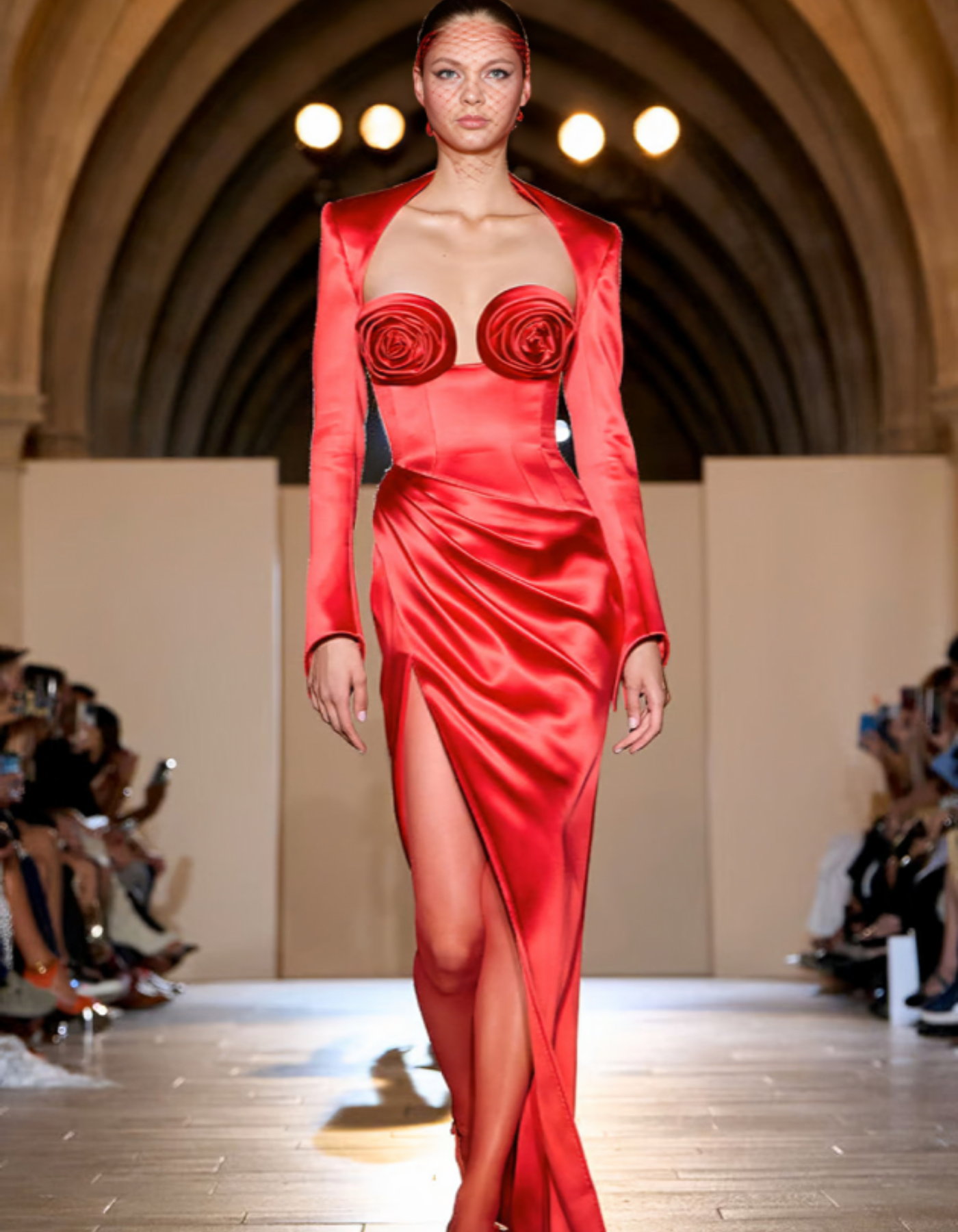 | Sculpted Rose Detail Satin Evening Gown