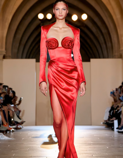 | Sculpted Rose Detail Satin Evening Gown