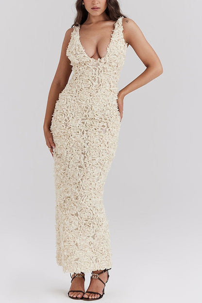 | Textured Floral Deep Plunge Gown
