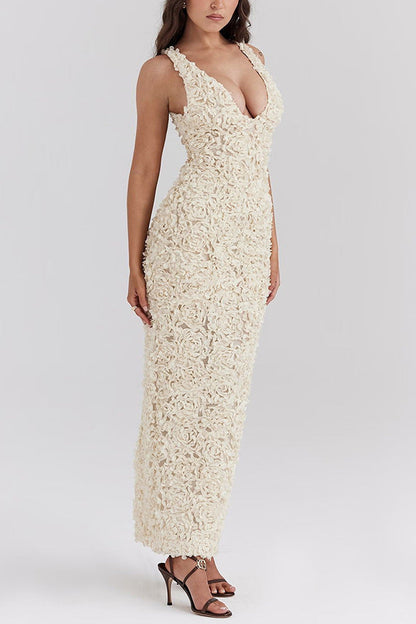 | Textured Floral Deep Plunge Gown