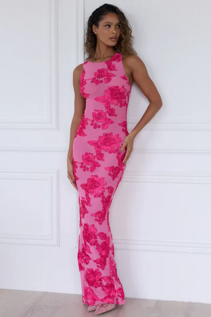 | Fuchsia Applique Sleeveless Column Dress