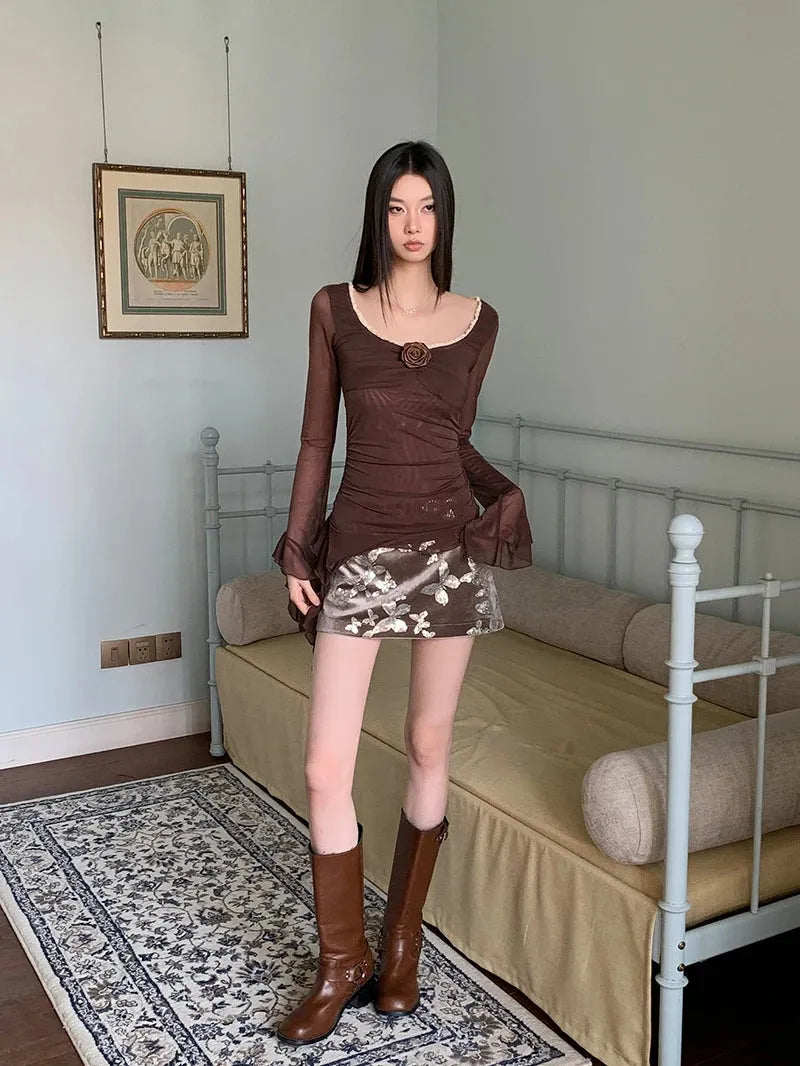 Rose Mesh Ruffled Top