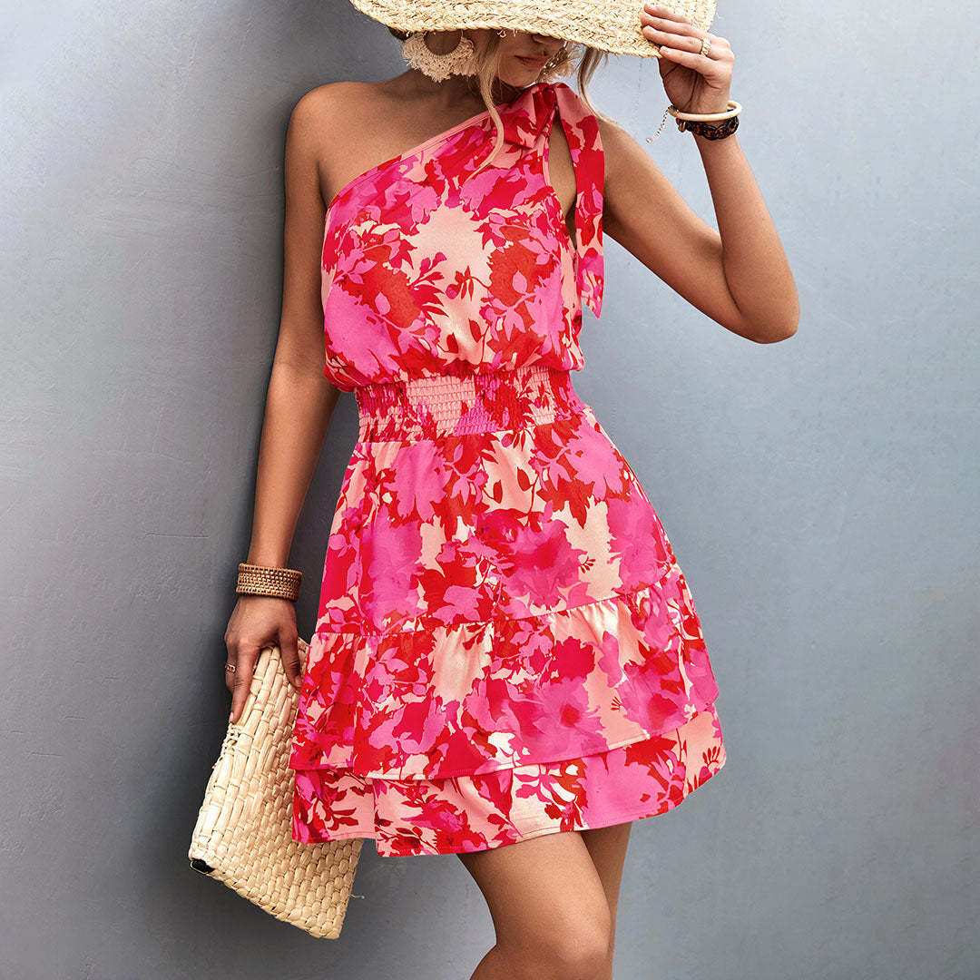 Floral Print One-Shoulder Bow Strap Smocked Waist Tiered Mini Dress