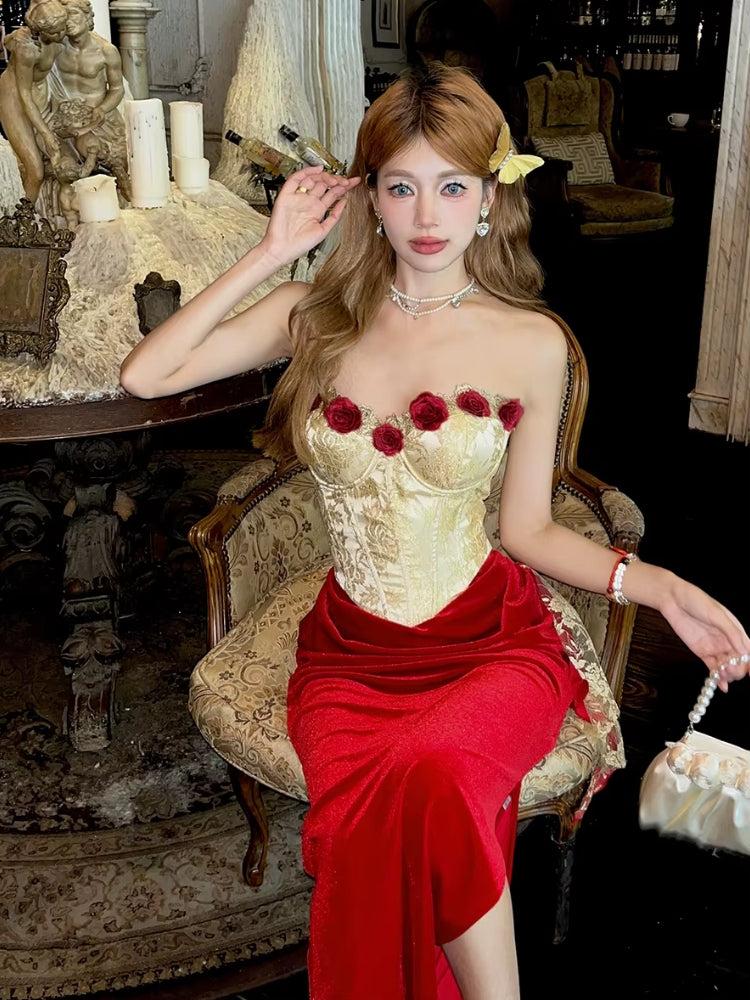 Rose Velvet Corset Midi Dress
