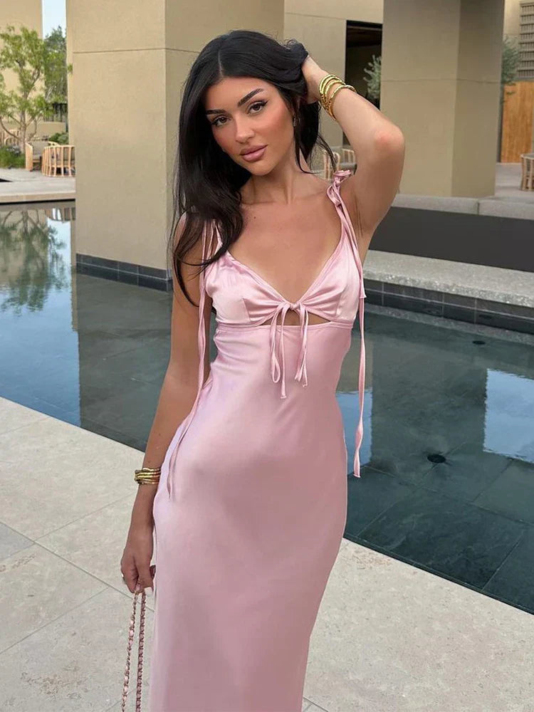 | Satin Tie Strap Cut-Out Midi Dress