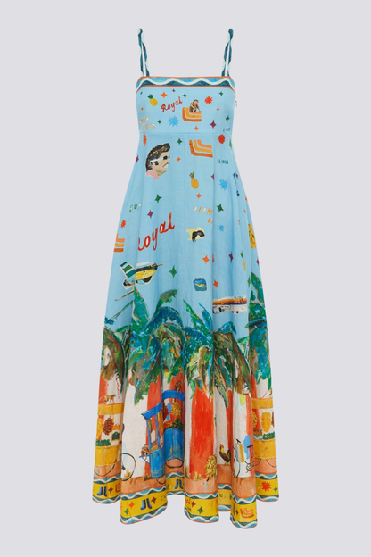 Graffiti Print Spaghetti Strap Square Neck Pocket A-Line Maxi Dress