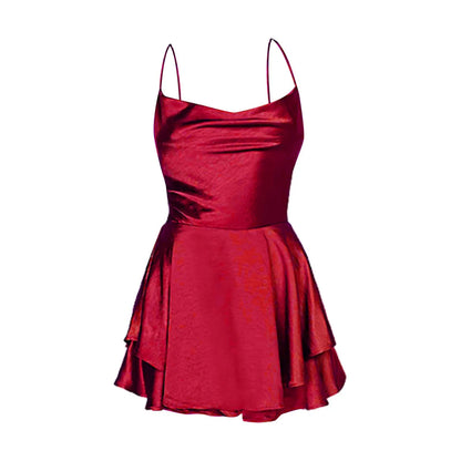 | Satin Flare Cowl Neck Romper Dress
