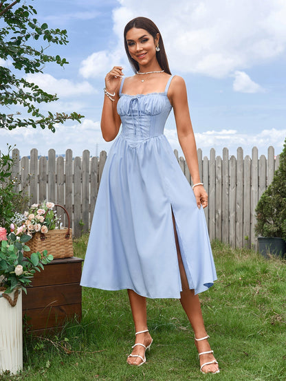 Ruched Bust Tie Front Split Thigh Ruched Cami Dress