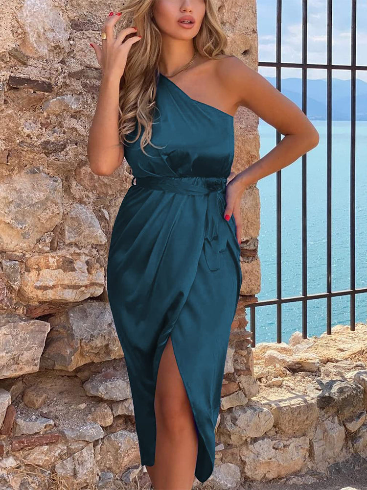 One Shoulder Wrap Front Tie Belt Draped Tulip Hem Satin Midi Dress