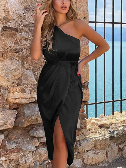 One Shoulder Wrap Front Tie Belt Draped Tulip Hem Satin Midi Dress