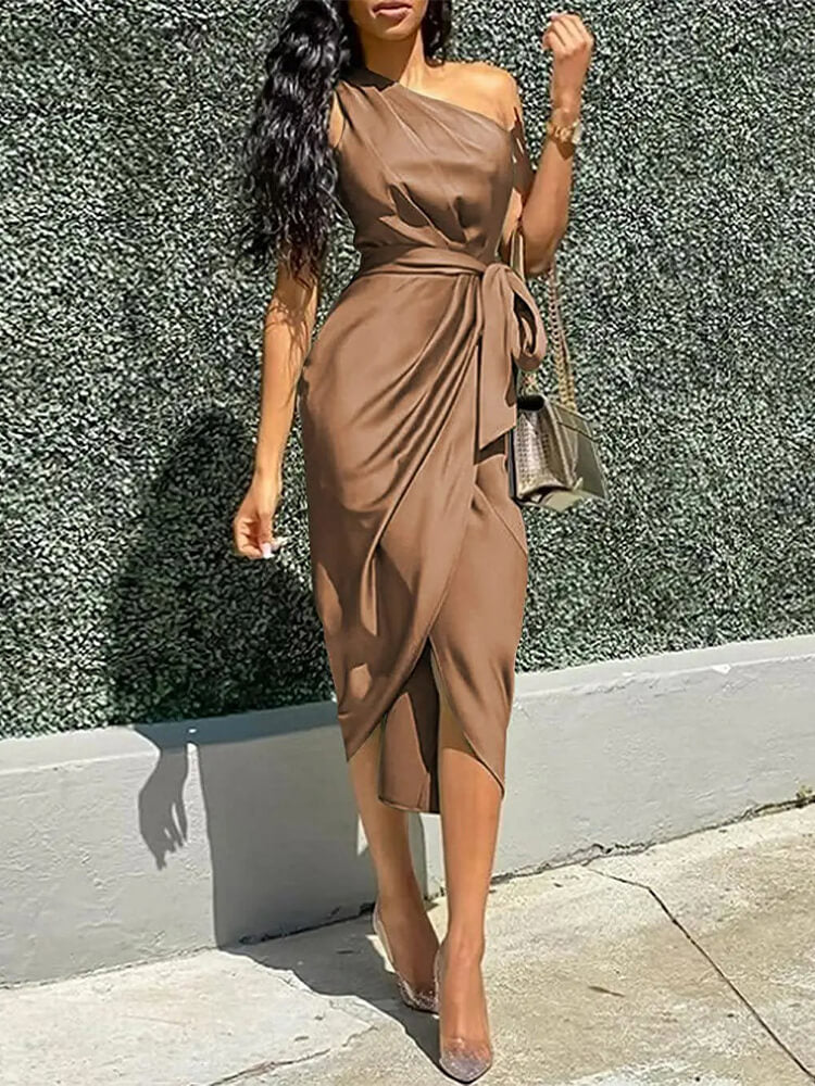 One Shoulder Wrap Front Tie Belt Draped Tulip Hem Satin Midi Dress