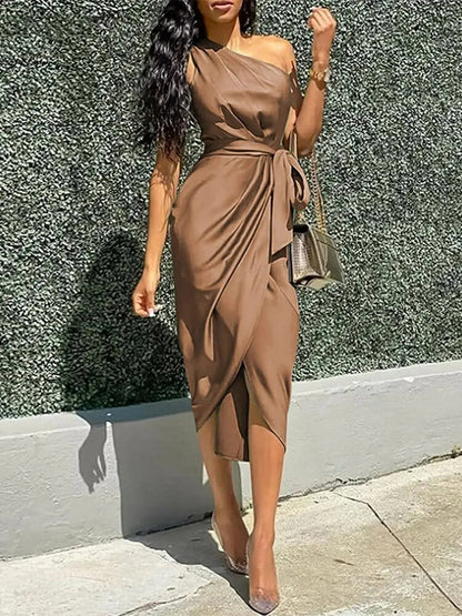 One Shoulder Wrap Front Tie Belt Draped Tulip Hem Satin Midi Dress