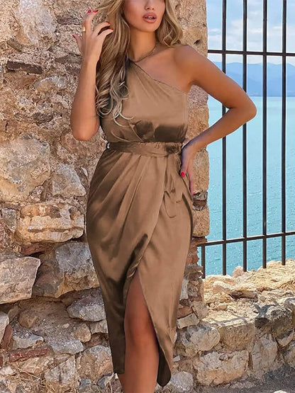 One Shoulder Wrap Front Tie Belt Draped Tulip Hem Satin Midi Dress