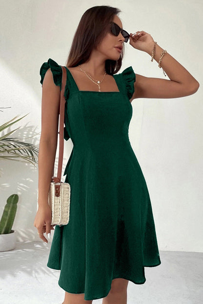 Square Neck Ruffle Strap Tie Back A-Line Mini Dress