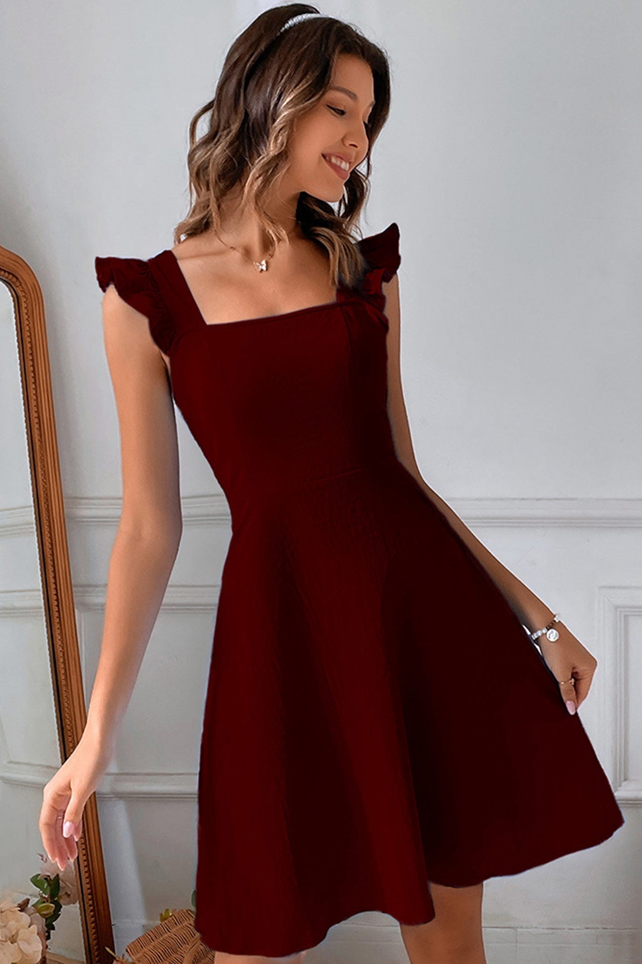 Square Neck Ruffle Strap Tie Back A-Line Mini Dress